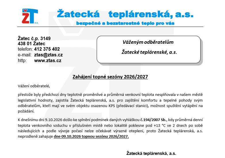 Zahájení topné sezóny 2026/2027